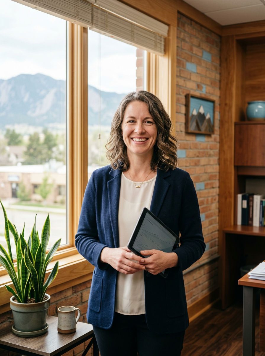 Financial advisor at Marchman Accounting working at a desk with a mountain view in Colorado Springs