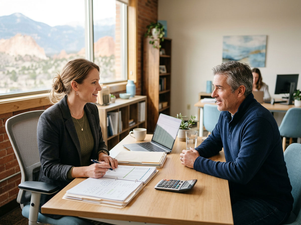 An accounting advisor reviewing financial statements with a client at a bright office desk in Colorado Springs